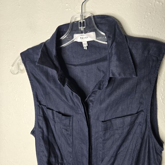 Reiss Ema Navy blue Sleeveless Linen Tie Front Playsuit romper womens Sz 4 - Picture 3 of 9